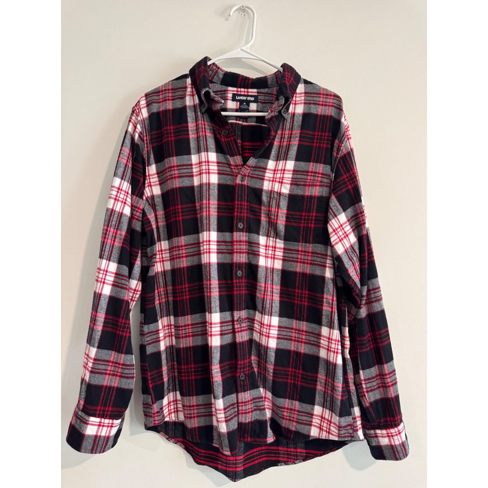Lands' End Flannel Plaid Shirt Women Size M Red Black White 100% Cotton